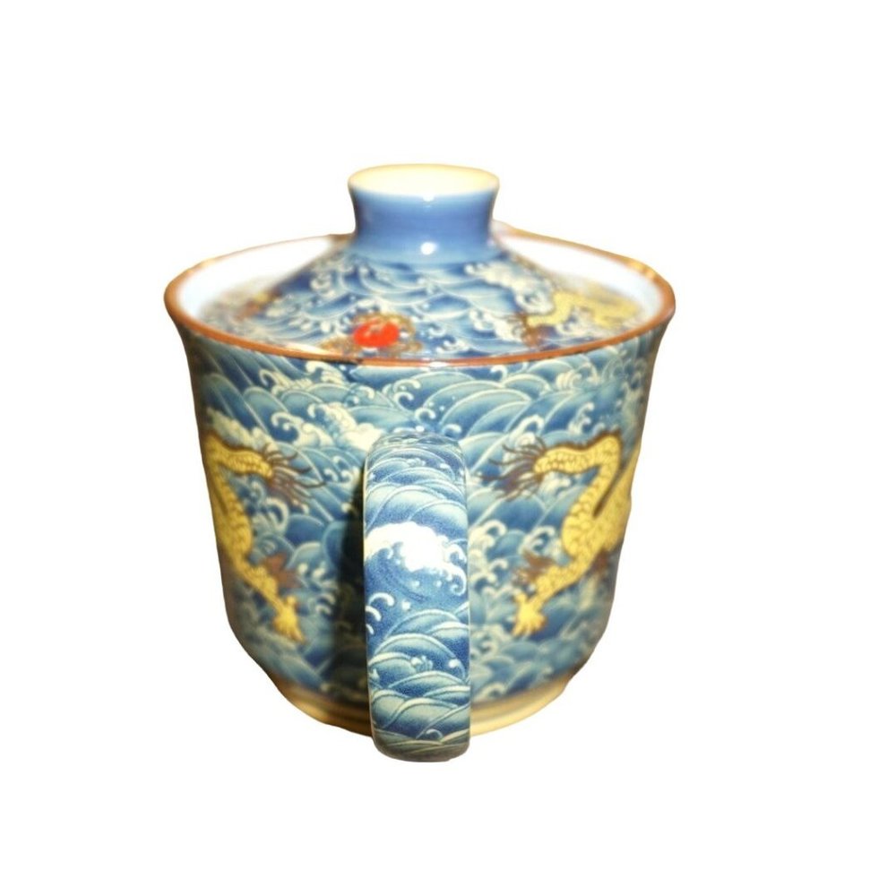 Chinese Golden Dragon Teacup Teapot Blue Red Ball Luck Sea Waves Signed READ - Picture 9 of 16